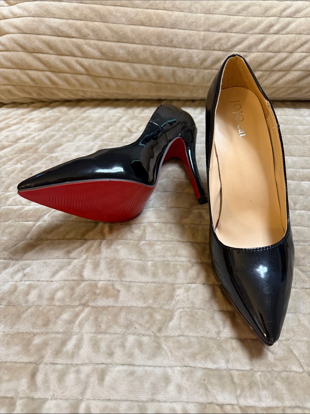 Jojo Cat Black Patent Pointed-Toe High Heels with Red Sole